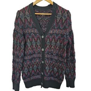 Lucky Brand Metallic Cardigan Women Medium Purple Knit Fair Isle Whimsy Goth